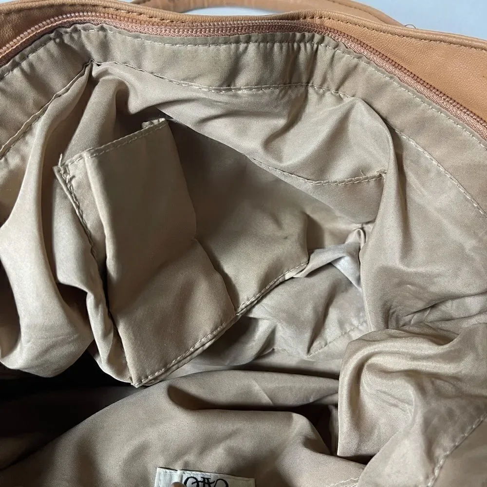 Cato canvas khaki & tan faux leather satchel  with silver tone hardwares .